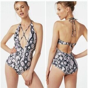 Justfab Snake Print Strappy Plunge One Piece Swimsuit